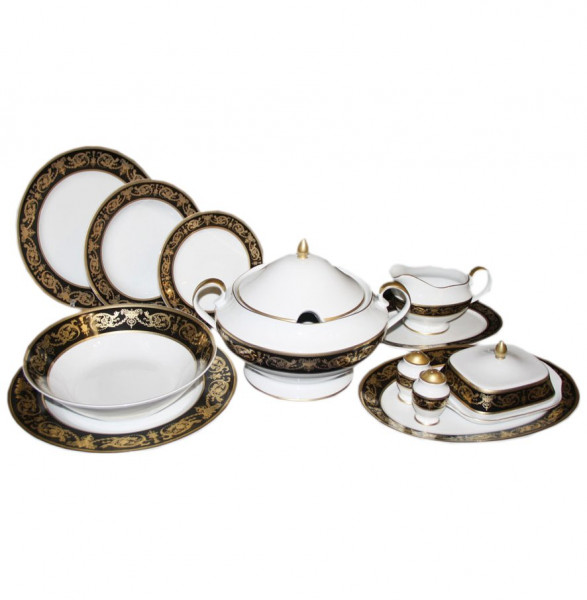 Столовый сервиз на 6 персон 27 предметов  Bavarian Porcelain &quot;Александрия /Золотой узор на чёрном&quot; / 070346