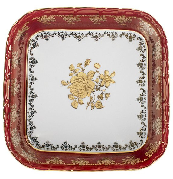 Салатник 24 см квадратный  Royal Czech Porcelain &quot;Офелия /Золотая роза /Красная&quot; / 203904