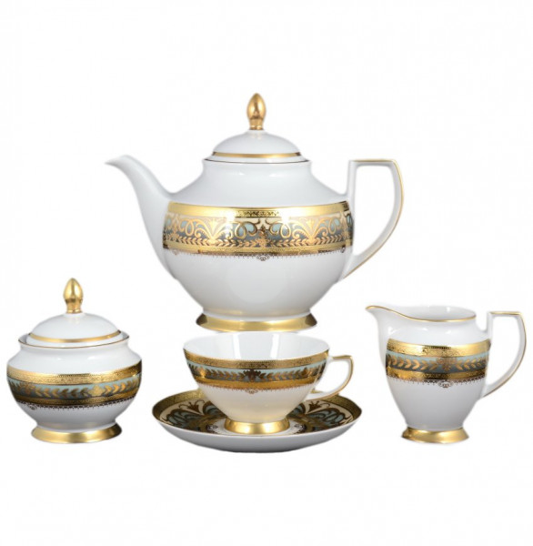 Чайный сервиз на 6 персон 15 предметов  Falkenporzellan &quot;Констанц /Арабеск /Бирюза с золотом&quot; / 099982