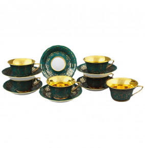 Набор чайных пар 100 мл 6 шт низкие  Leander "Виндзор /Золотые цветы /зелёные" 1 / 158674