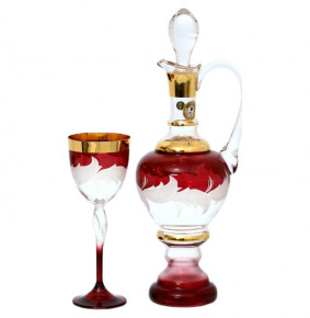 Набор для вина 7 предметов (графин + 6 бокалов)  Bohemia "Матовые листики/Золото на красном" E-V / 134757
