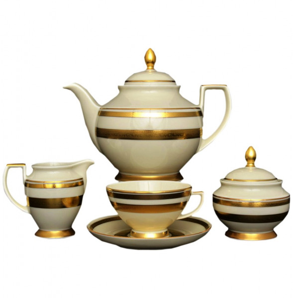 Чайный сервиз на 6 персон 15 предметов  Falkenporzellan &quot;Констанц /Двойная золотая лента /9321&quot; крем. / 021124