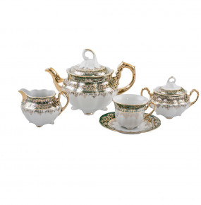 Чайный сервиз на 6 персон 15 предметов  Royal Czech Porcelain "Болеро /Зелёный /Золотые листики" / 204689
