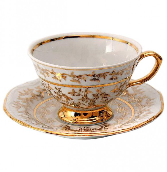 Набор чайных пар 200 мл 6 шт  Bavarian Porcelain &quot;Мария-Тереза /Белая /Золотые листики&quot; / 106064