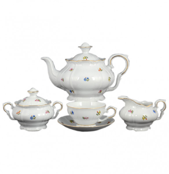 Чайный сервиз на 6 персон 15 предметов низкая чашка  Bohemia Porcelan Moritz Zdekauer 1810 s.r.o. &quot;Магнолия /Мелкие цветы&quot; / 027401