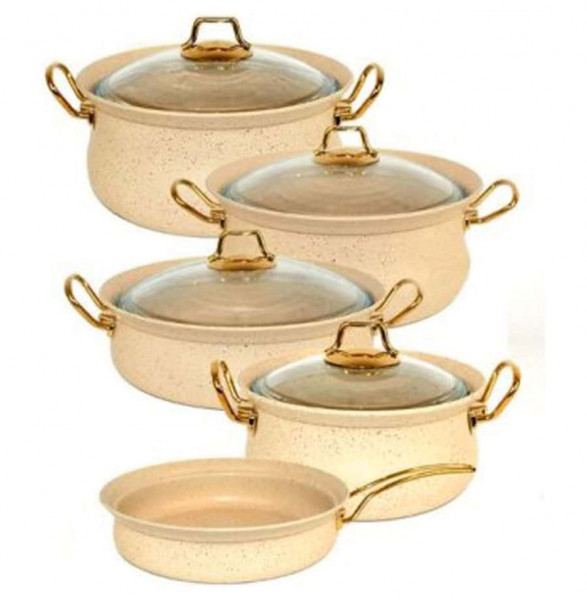 Набор посуды 9 предметов с антипригарным покрытием индукция кремовый  O.M.S. Collection &quot;GRANITE SETS&quot; / 295815
