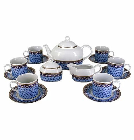 Чайный сервиз на 6 персон 15 предметов  Thun &quot;Кайро /Сетка на синем /платина&quot; / 232448