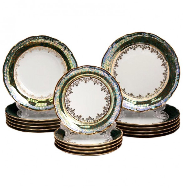 Набор тарелок 18 предметов (19, 23, 24 см)  Bavarian Porcelain &quot;Мария-Тереза /Зелёная /Золотые листики&quot; / 064370