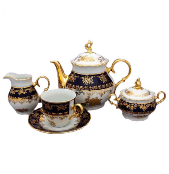 Чайный сервиз на 6 персон 15 предметов  Bohemia Porcelan Moritz Zdekauer 1810 s.r.o. &quot;Офелия /Золотые розы /Кобальт&quot; / 013610