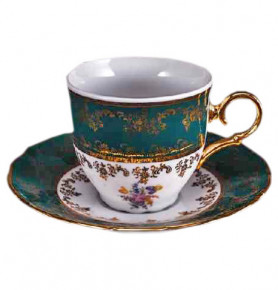 Набор чайных пар 220 мл 6 шт высокие  Bohemia Porcelan Moritz Zdekauer 1810 s.r.o. "Офелия /Изумруд /Полевой цветок" / 046464