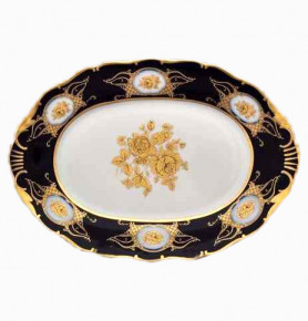 Блюдо 32 см овальное  Bohemia Porcelan Moritz Zdekauer 1810 s.r.o. "Анжелика /Винтажная золотая роза /Кобальт" / 010834