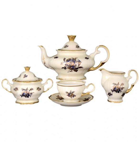 Чайный сервиз на 6 персон 15 предметов  Bohemia Porcelan Moritz Zdekauer 1810 s.r.o. &quot;Анжелика /Синяя роза с золотом /СК&quot; / 067777