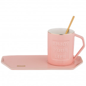 Чайная пара 250 мл с ложкой 3 предмета розовая  LEFARD "Break time /Enjoy your life" / 206381