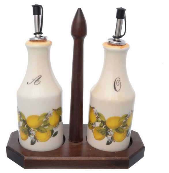 Набор бутылок для масла и уксуса 275 мл на деревянной подставке  Ceramica Cuore &quot;Лимоны&quot; / 226231
