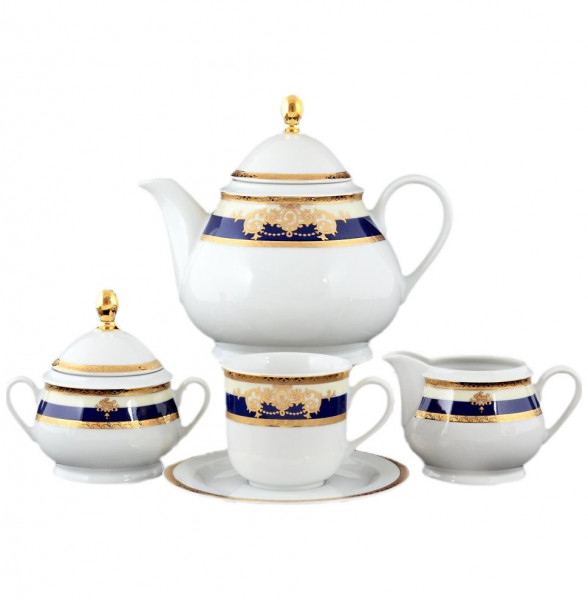 Чайный сервиз на 6 персон 15 предметов  Thun &quot;Яна /Синяя полоса с золотым вензелем&quot; / 050079