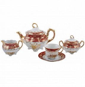 Чайный сервиз на 6 персон 15 предметов  Royal Czech Porcelain "Болеро /Золотая роза /Красная" / 204675