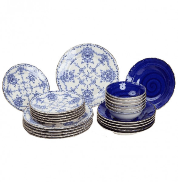 Набор тарелок 24 предмета на 6 персон  O.M.S. Collection &quot;TULU /Вензель /Реактив сине-белый&quot; микс / 296116