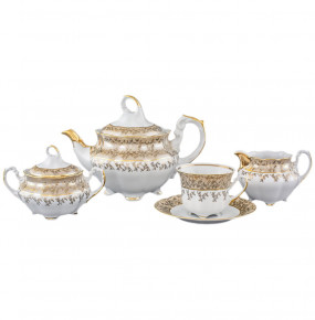 Чайный сервиз на 6 персон 15 предметов  Royal Czech Porcelain "Болеро /Бежевый /Золотые листики" / 203679