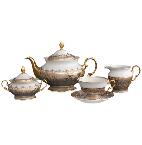 Чайный сервиз на 6 персон 15 предметов  Royal Czech Porcelain &quot;Аляска /Бежевая /Золотые листики&quot; / 203849