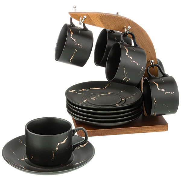 Набор чайных пар 150 мл 6 шт на деревянной подставке  LEFARD &quot;Золотой мрамор /Черный&quot; / 208553