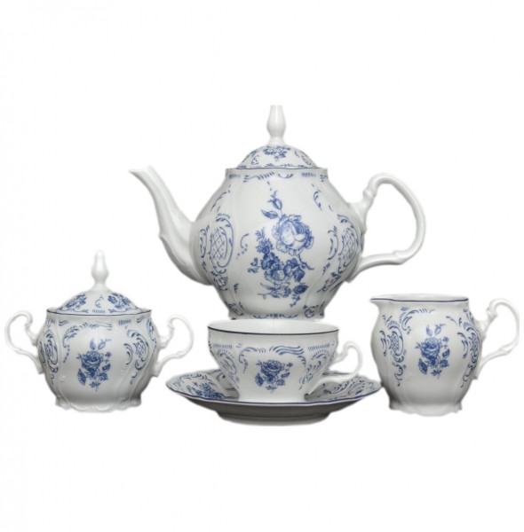 Чайный сервиз на 6 персон 15 предметов  Thun &quot;Бернадотт /Синие розы&quot; (чашка 220 мл увел. ручка) / 153394