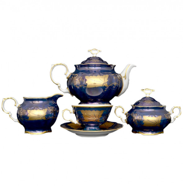 Чайный сервиз на 6 персон 17 предметов  МаМ декор &quot;Мария-Луиза /Золотой лист на синем&quot; / 083801