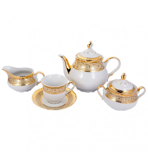 Чайный сервиз на 6 персон 15 предметов  Thun &quot;Констанция /Бежевая полоса с золотом&quot; / 134178