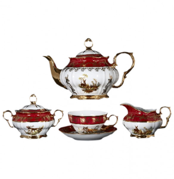 Чайный сервиз на 6 персон 15 предметов  Bohemia Porcelan Moritz Zdekauer 1810 s.r.o. &quot;ГР /Охота красная&quot; / 047600