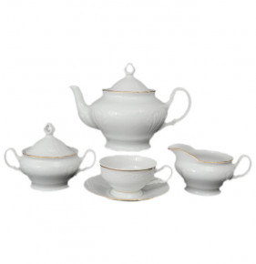 Чайный сервиз на 6 персон 15 предметов низкая чашка  Bohemia Porcelan Moritz Zdekauer 1810 s.r.o. "Лиана /Золотая отводка" / 050999