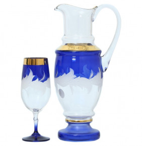 Набор для вина 7 предметов (кувшин + 6 бокалов)  Bohemia "Матовые листики /Золото на синем" E-V / 134732